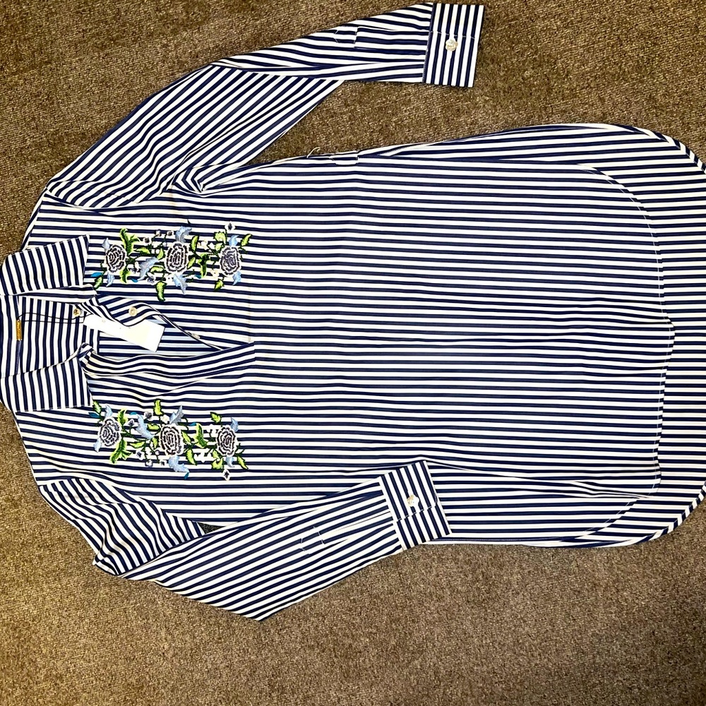 Adam Lippes Cotton Floral Embroidered Pin Stripe Dress